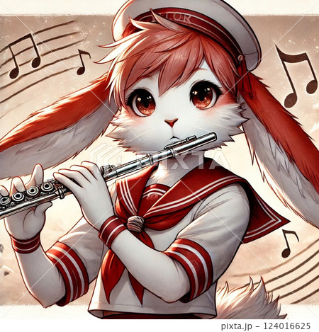 フルートを吹くセーラー服を着たうさぎの被り物をつけた女子学生 フルートを吹くセーラー服を着たうさぎの被り物をつけた女子学生 124016625