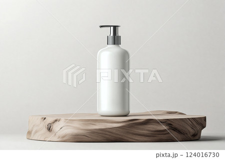 A white bottle of lotion is sitting on a wooden surface 124016730