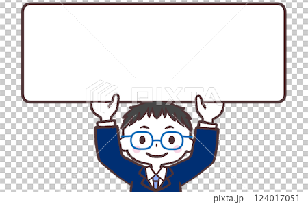Illustration of a male student with glasses holding up a sign 124017051