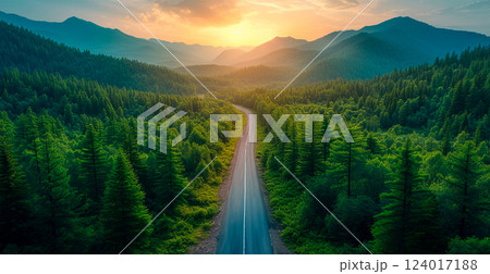 Mountain road, winding serpentines through the forest - AI generated image Mountain road, winding serpentines through the forest - AI generated image 124017188