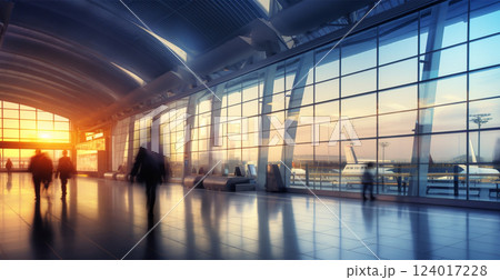 Airport building, international terminal, rushing people to land, blurred background - AI generated image Airport building, international terminal, rushing people to land, blurred background - AI generated image 124017228
