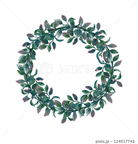 Circle frame with pistachio sprig, branches and leaves. Watercolor hand drawn illustration isolated from background. Curved twig for invitation on wedding in Rustic style, packaging nuts, postcard 124017748