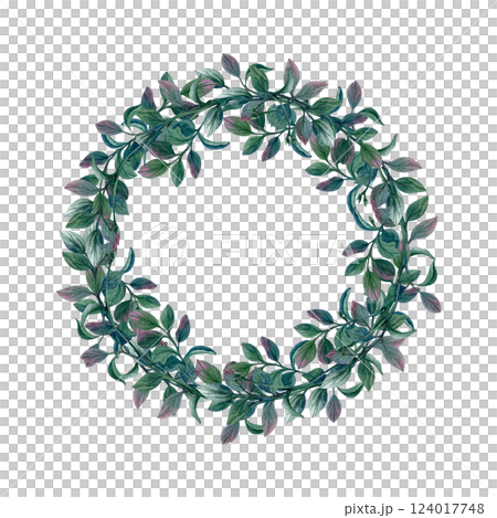 Circle frame with pistachio sprig, branches and leaves. Watercolor hand drawn illustration isolated from background. Curved twig for invitation on wedding in Rustic style, packaging nuts, postcard 124017748