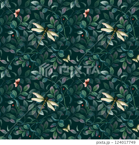 Seamless pattern Green leaves and dragonfly with butterfly. Pistachio branches. Natura with insects. Watercolor illustration on dark background. Botanical wallpaper, textile, bedding, packaging 124017749