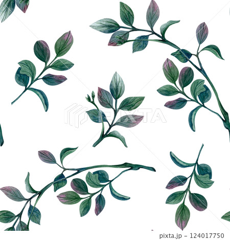 Seamless pattern with pistachio branches. Green leaves hand drawn watercolor illustration isolated from background. Rustic style for wallpaper, textile, wrapping paper, invitations, wedding card 124017750