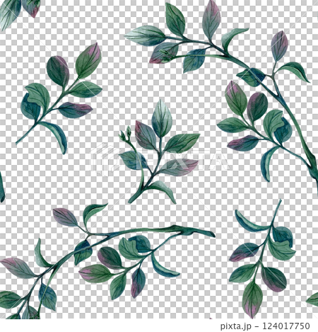 Seamless pattern with pistachio branches. Green leaves hand drawn watercolor illustration isolated from background. Rustic style for wallpaper, textile, wrapping paper, invitations, wedding card 124017750