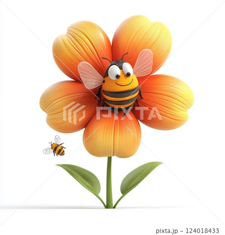 3D Cartoon Flower with Smiley Face and Bee 124018433