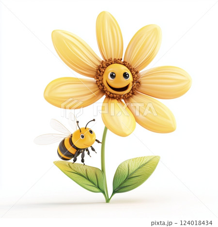 3D Cartoon Flower with Smiley Face and Bee 3D Cartoon Flower with Smiley Face and Bee 124018434