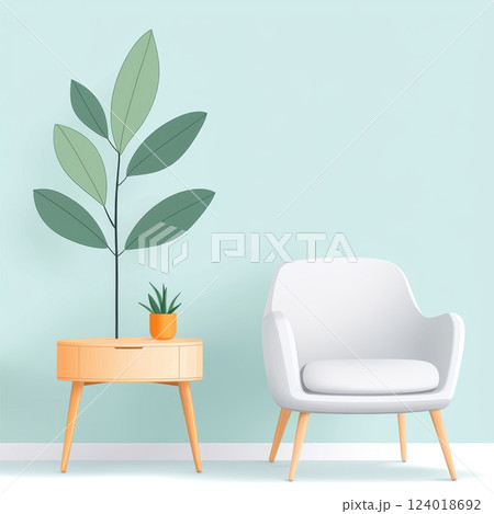 modern living room with white chair, wooden table, and green plants 124018692