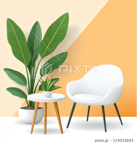 modern chair and table with plants in bright interior modern chair and table with plants in bright interior 124018693