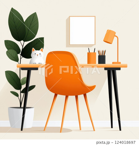 cozy home office featuring cat, orange chair, and natural light cozy home office featuring cat, orange chair, and natural light 124018697