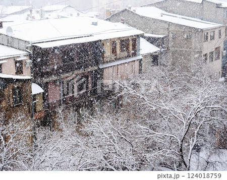 top view of urban courtyard in snowfall in winter top view of urban courtyard in snowfall in winter 124018759