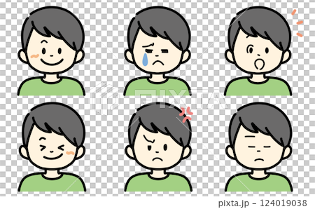 Illustration set of various facial expressions - A person with short hair wearing green clothes - Illustrations of joy, anger, sadness and happiness Illustration set of various facial expressions - A person with short hair wearing green clothes - Illustrations of joy, anger, sadness and happiness 124019038