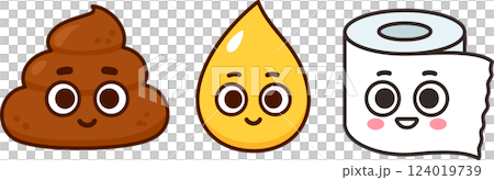 Cute cartoon poop, pee and toiler paper characters illustration 124019739