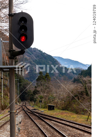 鉄道の信号機と山に向かって続く線路【JR土讃線 大歩危駅】 鉄道の信号機と山に向かって続く線路【JR土讃線 大歩危駅】 124019789