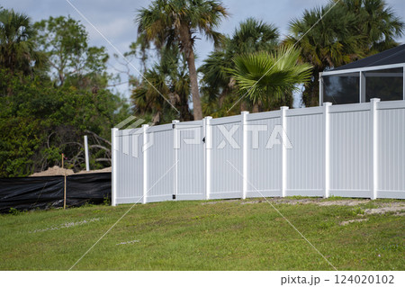 White vinyl picket fence on green lawn surrounding property grounds for backyard protection and privacy White vinyl picket fence on green lawn surrounding property grounds for backyard protection and privacy 124020102