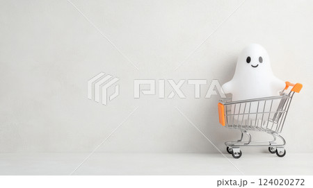 Cute ghost figurine in miniature shopping cart on minimalist background, AI Generative 124020272