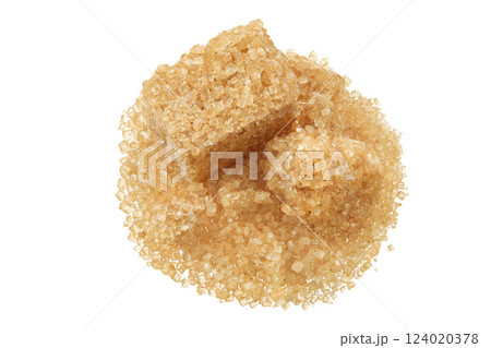 brown sugar cubes isolated on white background. Top view, flat lay brown sugar cubes isolated on white background. Top view, flat lay 124020378