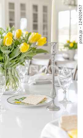 Passover table setting with candlestick and tulips, background Passover table setting with candlestick and tulips, background 124020457