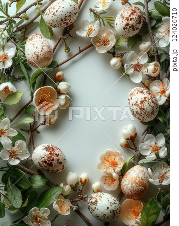 A wreath of flowers and eggs arranged on a white background. AI-generated content. A wreath of flowers and eggs arranged on a white background. AI-generated content. 124020710