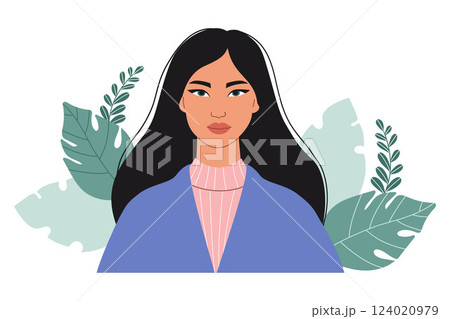 Beautiful Girl with black Long Hair. Modern Female Portrait Eastern Asian woman with almond-shaped eyes surrounded by tropical leaves. Vector illustration 124020979