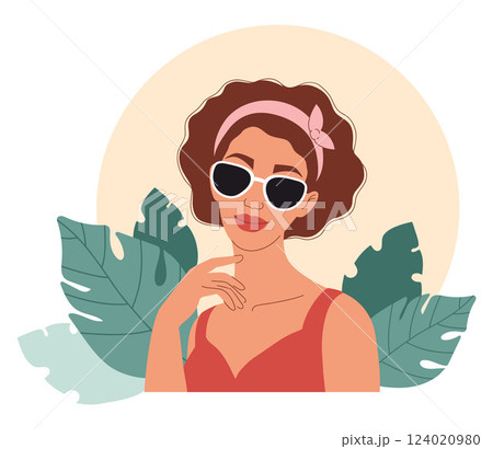 Beautiful Woman in Sunglasses. Female Portrait with tropical leaves. Vector illustration. Character Holiday for Women's Day, Mother's Day and Birthday Greeting Card Design 124020980