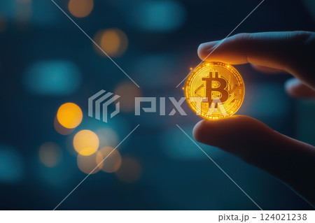 A hand holding a glowing Bitcoin coin with a blurred digital matrix background, representing the power of cryptocurrency 124021238
