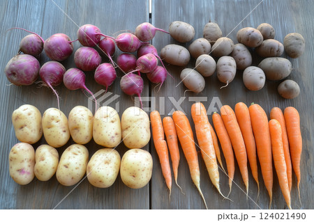 An assortment of whole, organic root vegetables like potatoes, carrots, and beets, laid out on a vintage wooden table in a zero-waste kitchen environment 124021490