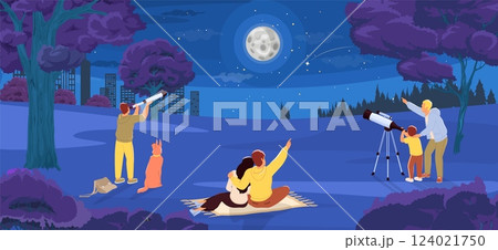 A group gathers in a park at night, enjoying stargazing with telescopes. The bright moon lights up the sky as families share moments of wonder and exploration 124021750