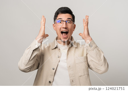 Pure panic. Man in eyeglasses and a beige overshirt screaming in shock, hands on his head. The moment of realizing he forgot about taxes, dramatic emotion 124021751