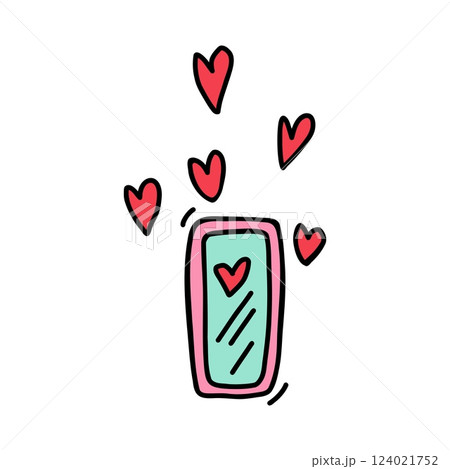 Ringing phone with red hearts in doodle style. Cute hand drawn phone hearts, perfect for conveying love messages on Valentine's Day. Ideal phone hearts design for romantic calls, heartfelt connections 124021752