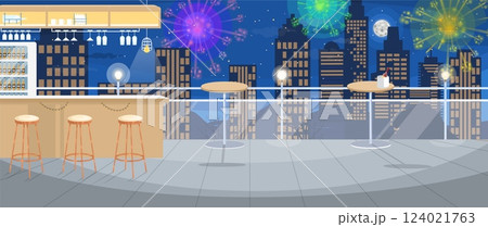 A vibrant rooftop bar showcases a stunning city skyline illuminated by colorful fireworks at night. Guests can enjoy drinks while surrounded by festive decorations and lights 124021763