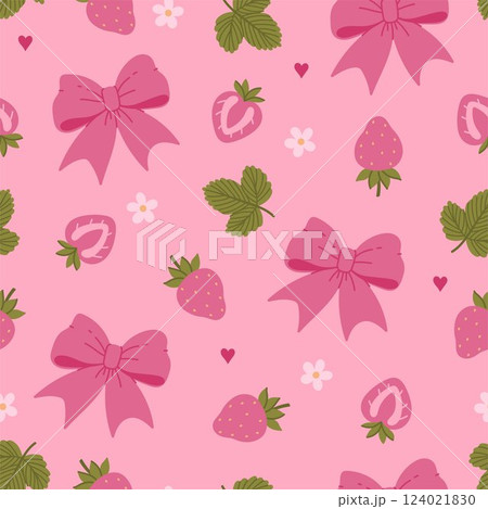 Pink seamless pattern with strawberries and bows. Vector graphics 124021830