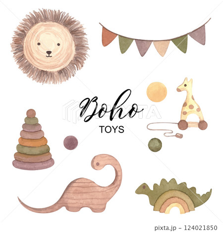Watercolor kids toys in pastel beige colors. Watercolor kids toys in pastel beige colors. 124021850