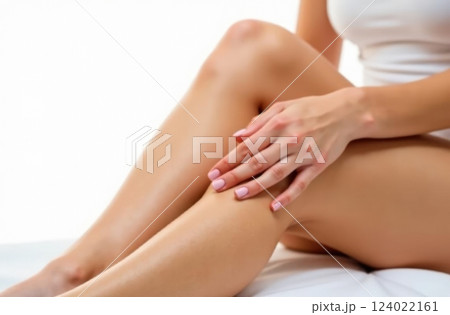 Close up of young woman applying moisturizer on legs. Back view of beauty woman massaging her legs with perfect smooth soft skin at home. Epilation, beauty and health concept. 124022161