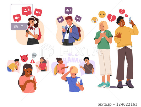 Sad teenagers looking at phone feeling unhappy due to dislike, no reaction and cyber bullying set Sad teenagers looking at phone feeling unhappy due to dislike, no reaction and cyber bullying set 124022163