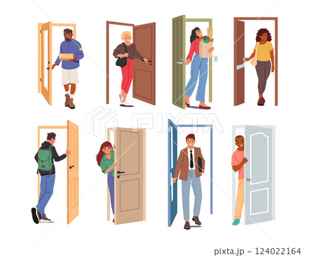 Diverse people of different age and job occupation come in and out of doors isolated cartoon set Diverse people of different age and job occupation come in and out of doors isolated cartoon set 124022164