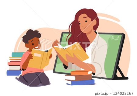 Young woman remote teacher teaching little preschool boy child to read book during online lesson Young woman remote teacher teaching little preschool boy child to read book during online lesson 124022167