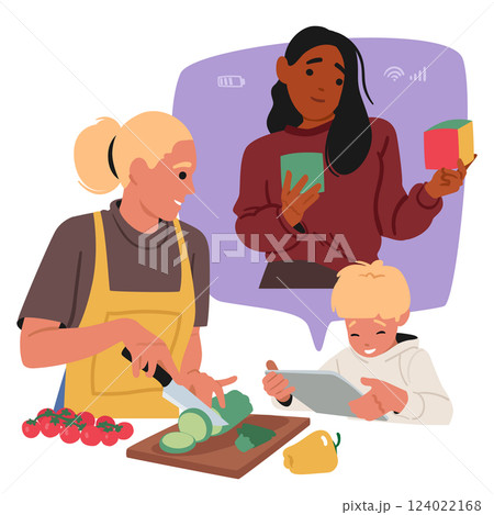 Woman online babysitter playing with little toddler boy while mother cooking dinner on kitchen Woman online babysitter playing with little toddler boy while mother cooking dinner on kitchen 124022168