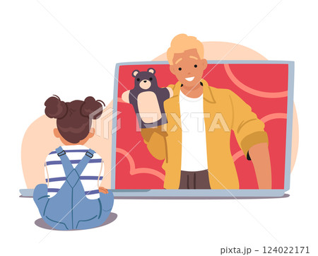 Young man babysitter entertaining toddler girl child playing with toys performing remote education Young man babysitter entertaining toddler girl child playing with toys performing remote education 124022171