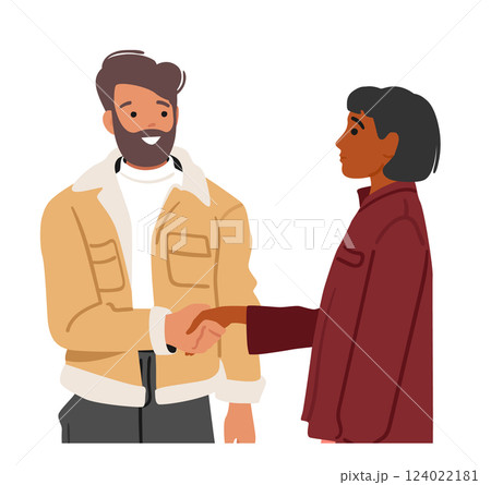 Man and woman characters shaking hands showcasing meeting agreement isolated on white background Man and woman characters shaking hands showcasing meeting agreement isolated on white background 124022181