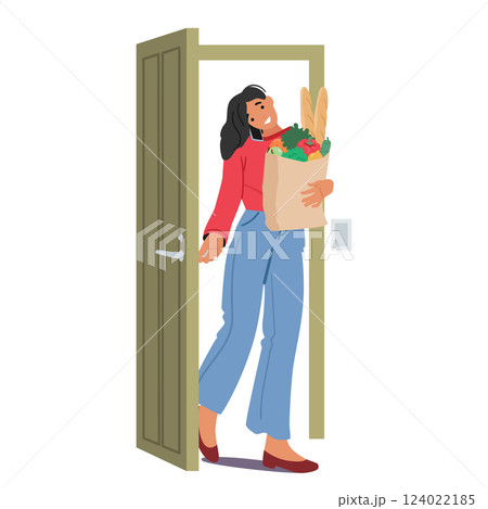 Happy smiling young woman cartoon character carrying groceries shopping paper bag entering door 124022185