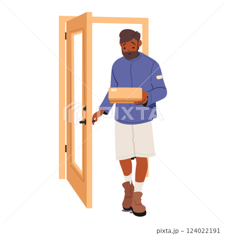 Surprised man cartoon character with parcel box entering home door isolated on white background 124022191