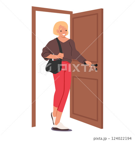 Attractive woman cartoon character smiling walking doorway returns home or enters office room 124022194