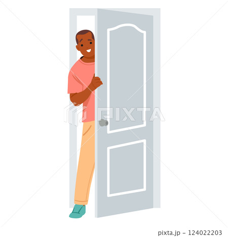 Curious man cartoon character peeking out doorway looking with smile on face standing behind door 124022203