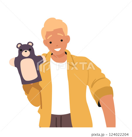Young guy professional babysitter playing with toy puppet theatre isolated on white background Young guy professional babysitter playing with toy puppet theatre isolated on white background 124022204