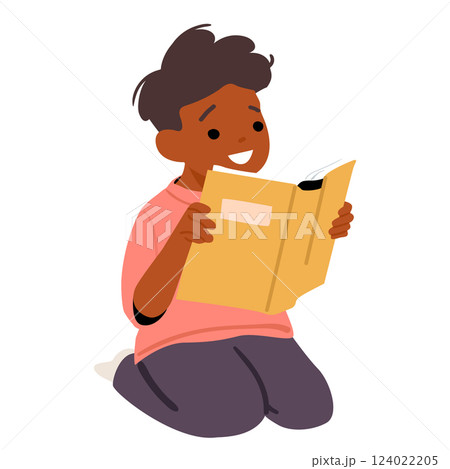 Little preschool boy child cartoon character reading fairytale book isolated on white background Little preschool boy child cartoon character reading fairytale book isolated on white background 124022205