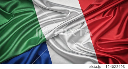 Italy and France Flag Displayed With Wrinkled Fabric Texture And Vibrant Colors 124022498