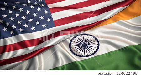Close-Up View of United States and India Flags Waving Together 124022499