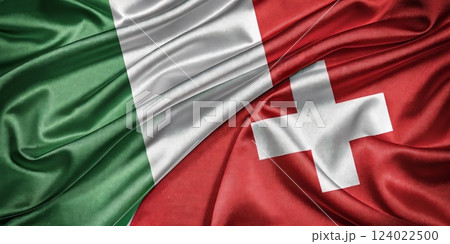 Italian and Swiss Flags Side by Side on Luxurious Fabric Background 124022500
